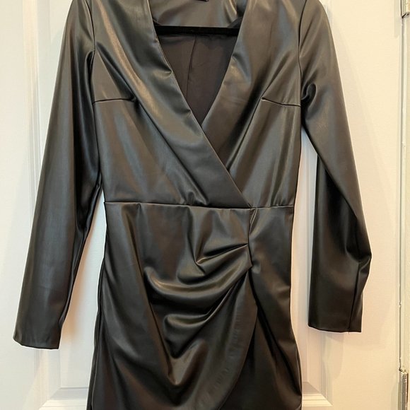 Zara Faux Leather V-Neck Long Sleeve Wrap Front Mini Dress - Picture 1 of 3